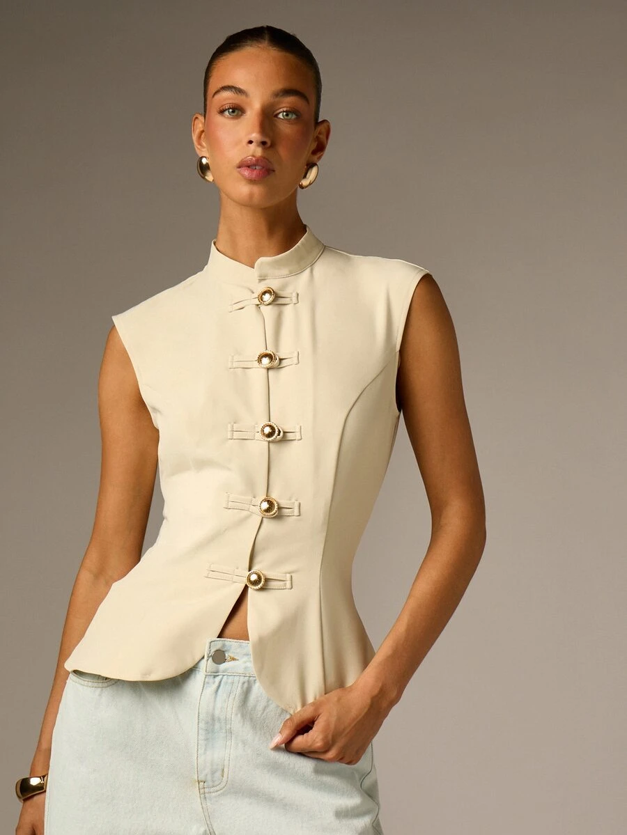 AiiRZ Structured Sleeveless Vest Top With Mandarin High Neck And Gold Toggle Button Front Closure Tailored Fitted Silhouette Spring Summer - White - View 1