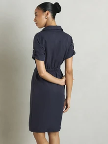 KSTM Shirt Dress With Gold Button Front Collared Neckline Elastic Waist Short Tab Sleeve Midi Length Front Pleat Office Smart Casual Spring Summer - Navy Blue - View 5