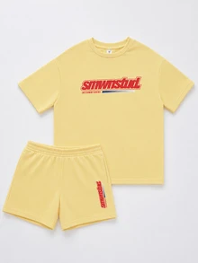 SUMWON Oversized Smwnstud International Crew Neck Short Sleeve T-Shirt And Matching Shorts Co-Ord Set With Bold Chest Logo Print - Yellow - View 1