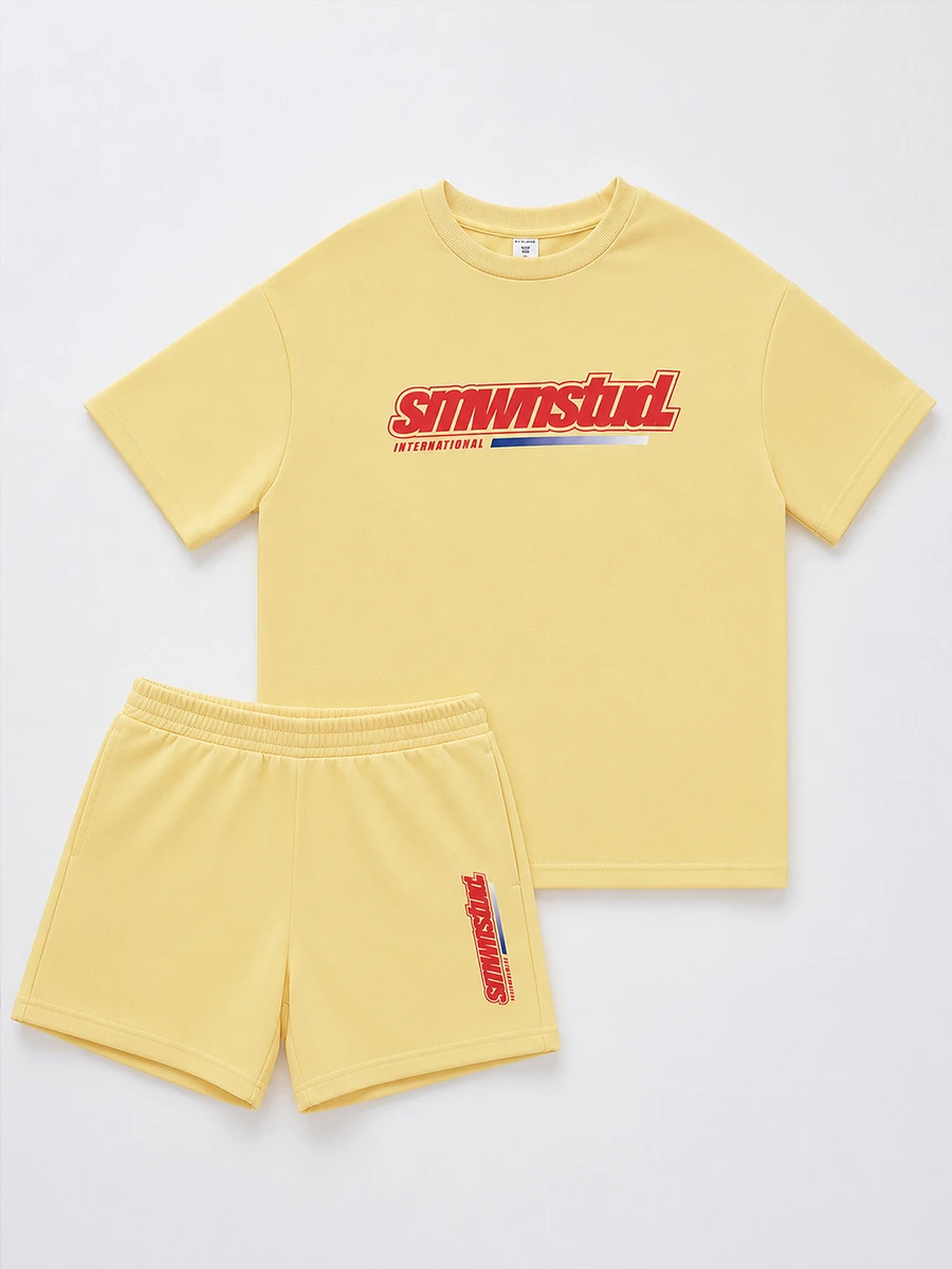 SUMWON Oversized Smwnstud International Crew Neck Short Sleeve T-Shirt And Matching Shorts Co-Ord Set With Bold Chest Logo Print - Yellow - View 1