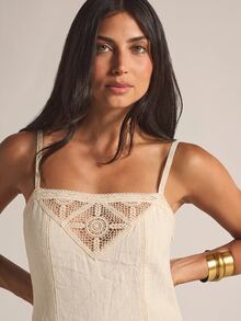 KSTM Linen Midi Slip Dress With Crochet Lace Bodice Detail Square Neck Spaghetti Straps A-Line Silhouette Summer Holiday - Cream - View 5