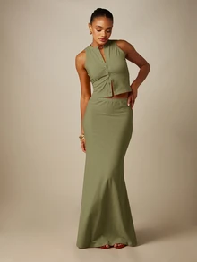 MISSGUIDED Sleeveless Button-Front Crop Top And Maxi Skirt Co-Ord Set With Elasticated Waist And Flared Hem Summer Holiday - Army Green - View 4