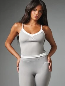 Missguided x Playboy Script Logo Crop Cami Top With V-Neck White Contrast Trim And Adjustable Straps Summer Sleeveless Style - Multicolor - View 1