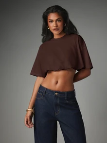 MISSGUIDED 大廓型方正短版短袖圓領寬鬆休閒夏季必備落肩上衣 - 棕色 - 查看 5