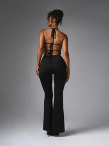 BABYPHAT Halter Neck Plunge Cut-Out Flare Leg Full Length Jumpsuit With ...