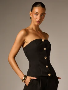AiiRZ Strapless Structured Corset Top With Gold Button Front Detail Fitted Sleeveless Bandeau Style Summer Evening Night Out Top - Black - View 5