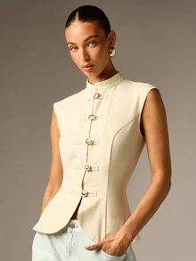 AiiRZ Structured Sleeveless Vest Top With Mandarin High Neck And Gold Toggle Button Front Closure Tailored Fitted Silhouette Spring Summer - White - View 5