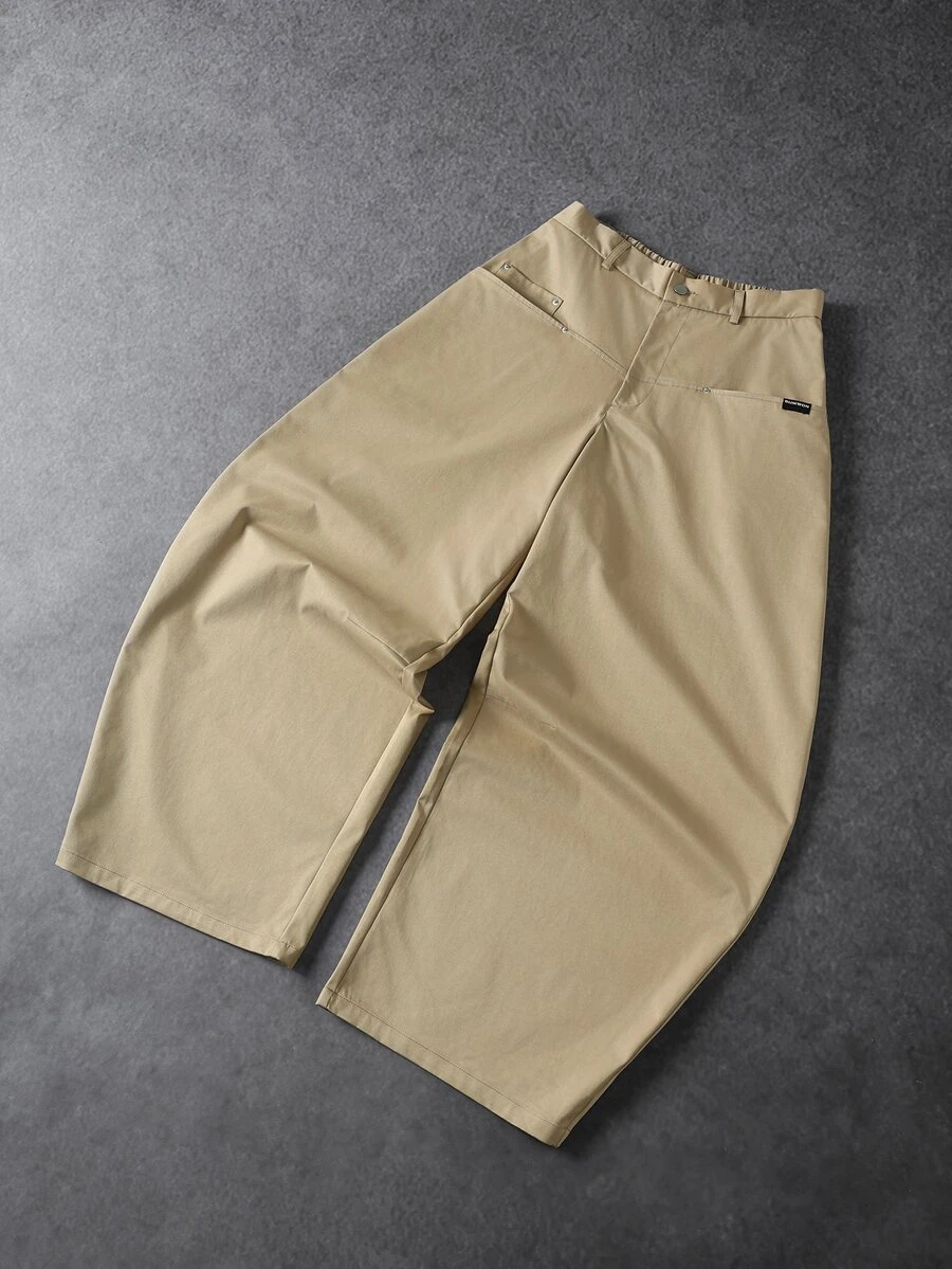 SUMWON Wide Leg Casual Pants Khaki Balloon Silhouette Elasticated Waist Side Pockets Back Patch Pocket Relaxed Fit Full Length Trousers - Khaki - View 1