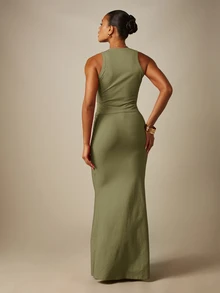 MISSGUIDED Sleeveless Button-Front Crop Top And Maxi Skirt Co-Ord Set With Elasticated Waist And Flared Hem Summer Holiday - Army Green - View 2