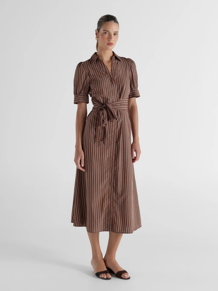 KSTM Striped Shirt Dress With Puff Sleeves Belted Waist Collared Neckline A-Line Midi Length Spring Summer Holiday - Multicolor - View 1