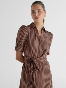 KSTM Striped Shirt Dress With Puff Sleeves Belted Waist Collared Neckline A-Line Midi Length Spring Summer Holiday - Multicolor - View 4