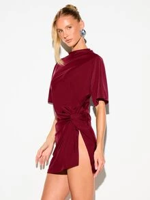 KIZN Satin Finish Mini T-Shirt Dress With Mock Neck Knot Waist Detail And Short Dolman Sleeves Party Holiday Style - Burgundy - View 4