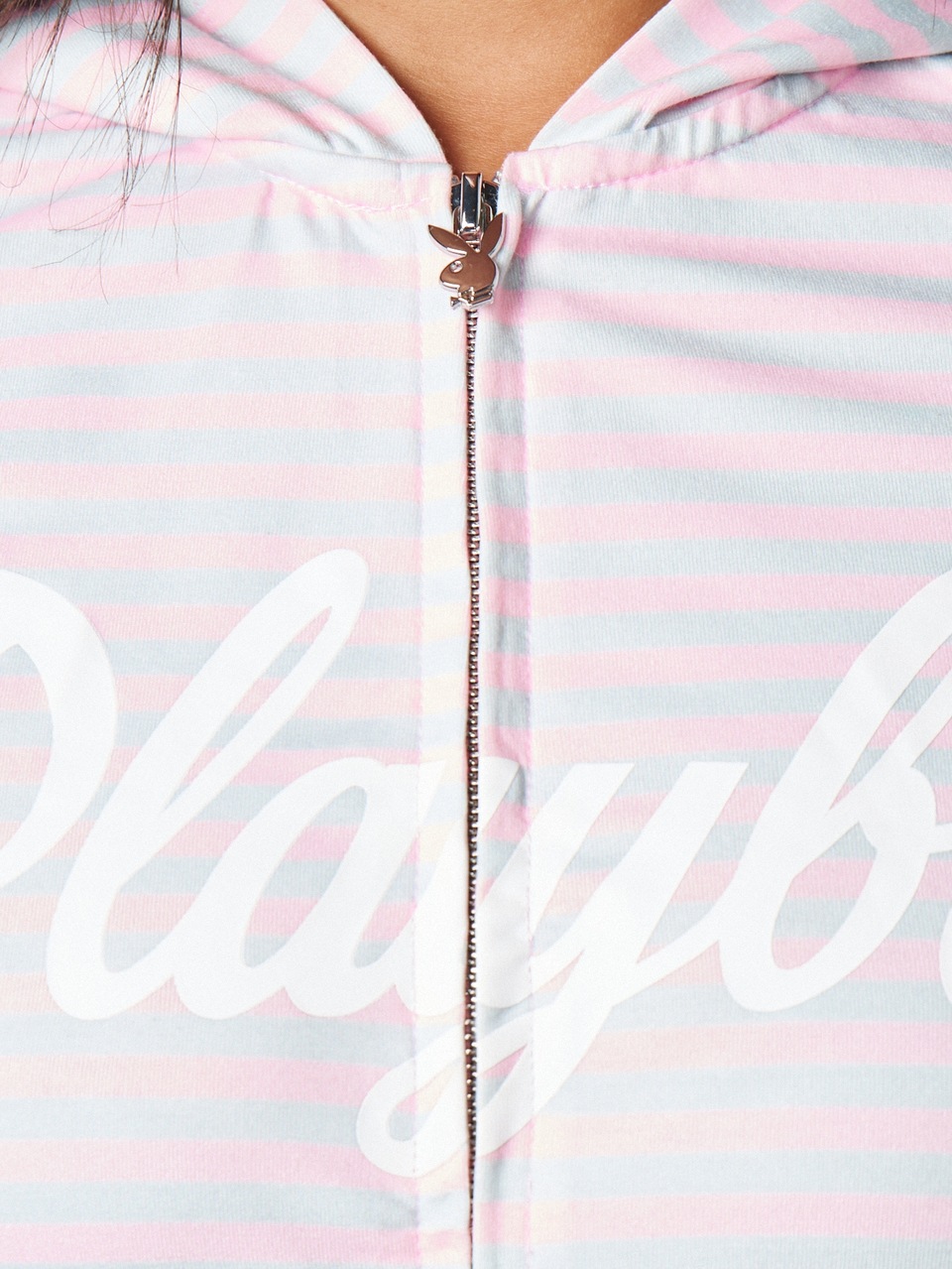 Missguided x Playboy Script Logo Striped Zip-Up Cropped Hoodie With Bunny Zipper Pull Long Sleeve Fitted Jacket Spring Summer Festival