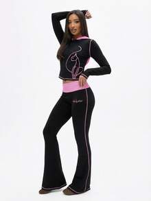 BABYPHAT Flare Pants With Pink Contrast Stitching Low Rise Fold-Over Waistband Logo Embroidery Full Length Bell Silhouette - Black - View 1