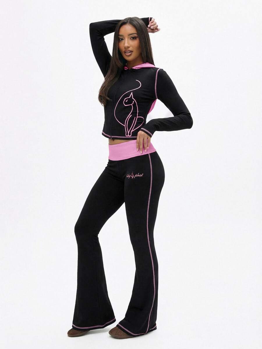 BABYPHAT Flare Pants With Pink Contrast Stitching Low Rise Fold-Over ...