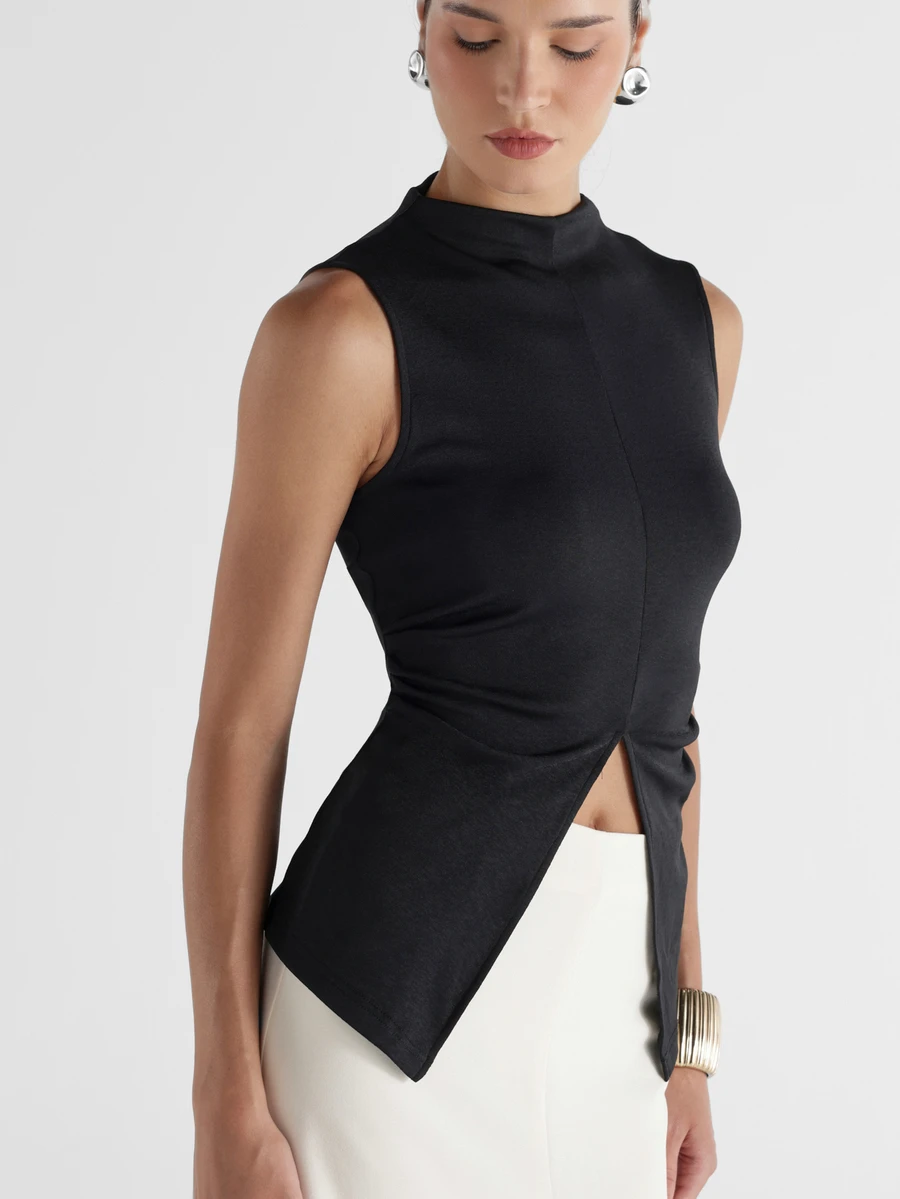 KSTM Sleeveless Stand Collar Ruched Asymmetric Hem Blouse With Twist Front Detail And Elegant Draped Silhouette For Evening And Holiday Occasions - Black - View 1