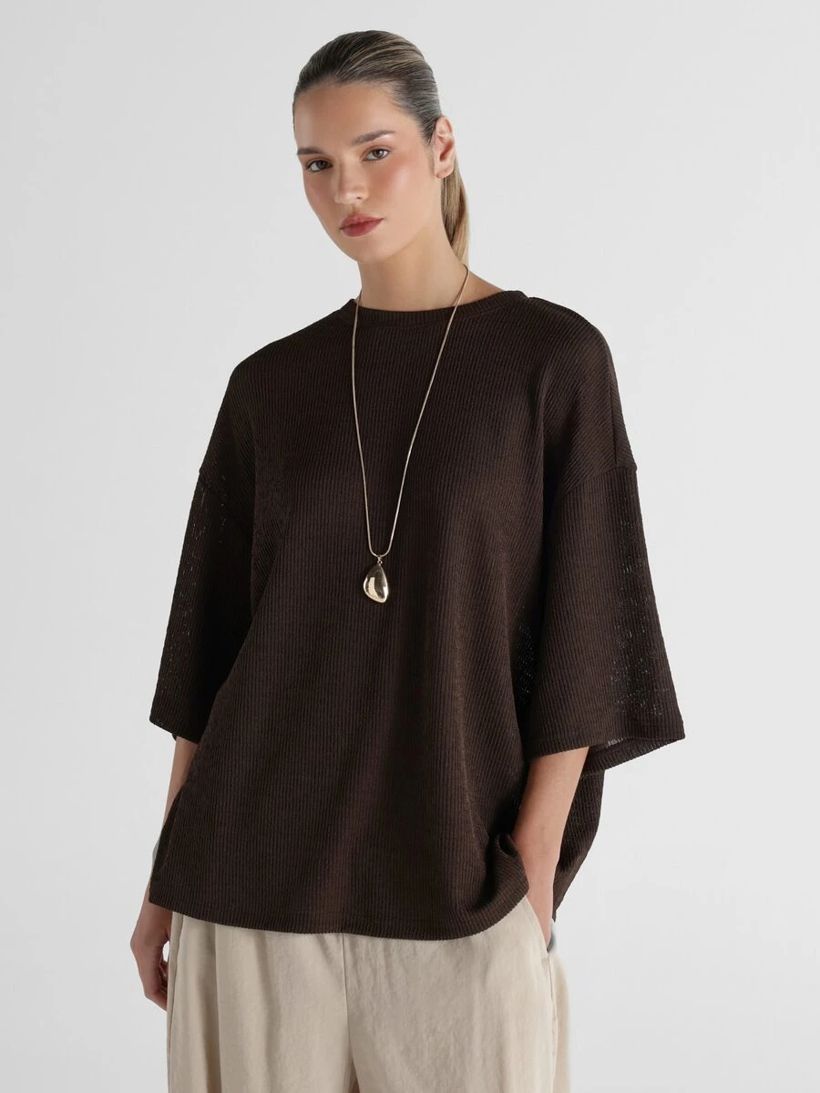 KSTM Atasan Rajut Bergaris Longgar dengan Leher Bulat dan Lengan Panjang hingga Siku, Model Pullover Kasual Santai, Pakaian Esensial untuk Musim Gugur dan Musim Dingin - Coffee Brown - View 1