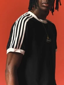 SUMWON Retro Stripe Crew Neck Short Sleeve T-Shirt With Contrast Shoulder Stripes And Oval Logo Patch Detail - Black - View 5