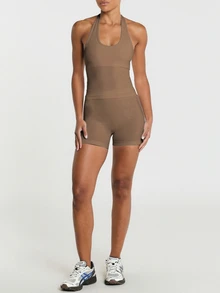 11SKNDS Halter Neck Sleeveless Crop Tank Top With Scoop Neckline And Open Racerback Seamless Fitted Silhouette Perfect With Sweat-Wicking, Stretchy, Breathable, Quick-Dry & Buttery-Soft, For Gym Workout Fitness Yoga Pilates Studio Summer, Running, Training & Hy-Rox - Mocha Brown - View 4