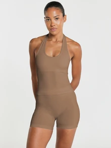 11SKNDS Halter Neck Sleeveless Crop Tank Top With Scoop Neckline And Open Racerback Seamless Fitted Silhouette Perfect With Sweat-Wicking, Stretchy, Breathable, Quick-Dry & Buttery-Soft, For Gym Workout Fitness Yoga Pilates Studio Summer, Running, Training & Hy-Rox - Mocha Brown - View 3