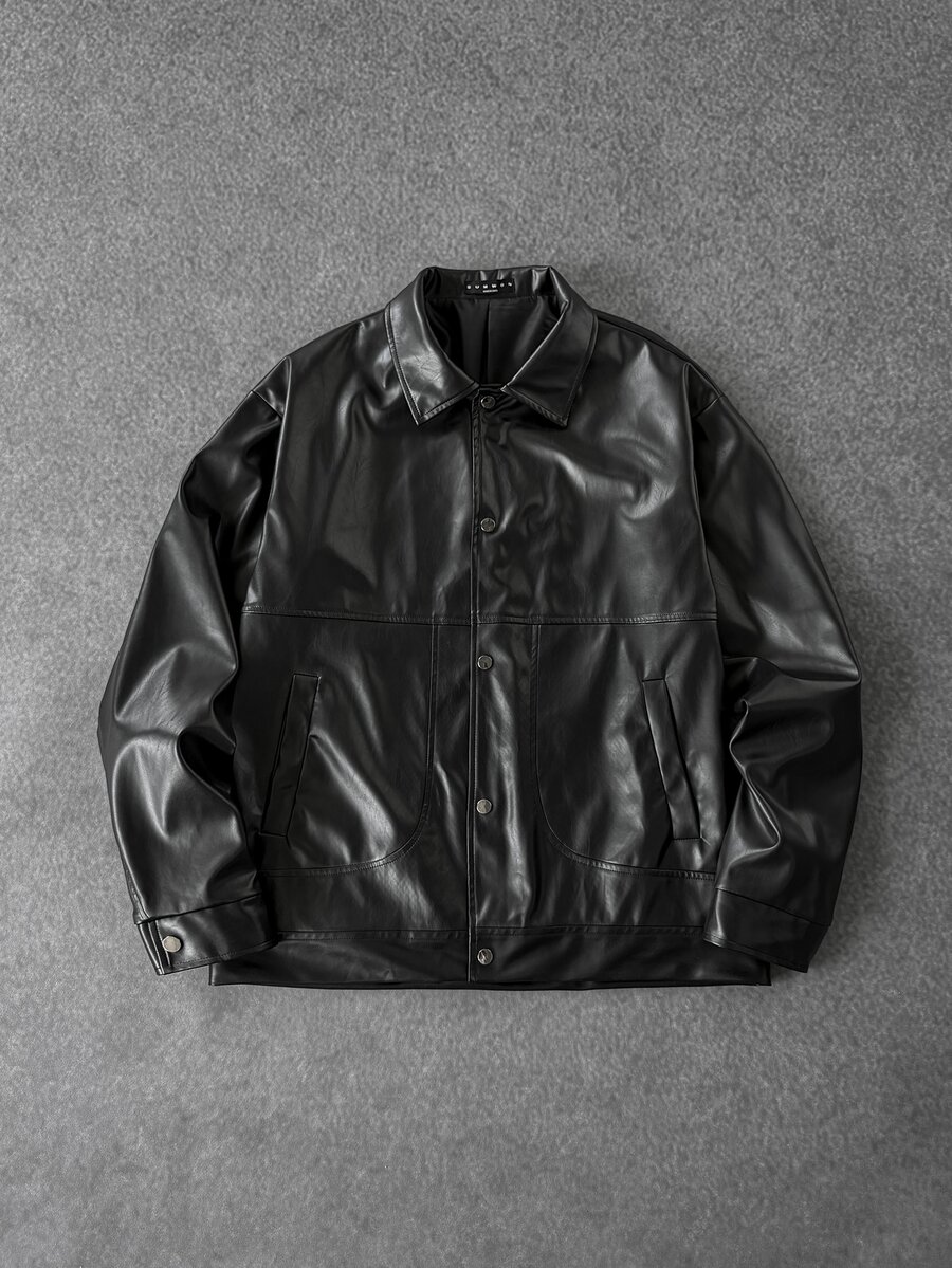 SUMWON Black Faux Leather Snap Button Jacket With Point Collar Patch Pockets Hip Length Regular Fit Autumn Winter Outerwear - Black - View 1