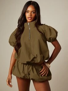 MISSGUIDED 泡泡下擺迷你短褲，彈性腰頭與抓皺下擺設計，夏季度假休閒時尚短款下身 - 棕色 - 查看 4