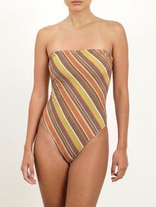 KSTM Strapless 1pc Swimsuit With Diagonal Stripe Print High Cut Leg Cheeky Bottom Summer Beach Holiday Swimwear - Multicolor - View 4