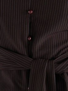 KSTM Pinstripe Sleeveless Vest Top With Tie Waist Detail V-Neck Button Front Longline Silhouette Fall Winter Style - Brown - View 5