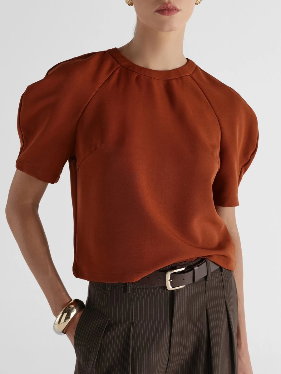 KSTM Rust Puff Short Sleeve Crew Neck Blouse Elegant Raglan Top Structured Shoulder Statement Top For Fall Winter Office - Brown - View 1
