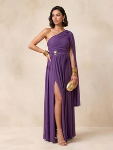 QUIZ Purple Chiffon One Shoulder Cape Ruched Waist Split Maxi Dress, Elegant Long Dress, Wedding Guest Dress Women, Formal Event Dress, Special Occasion Dresses For Women, Summer Dress, Vacation Outfits Women - Purple - View 1