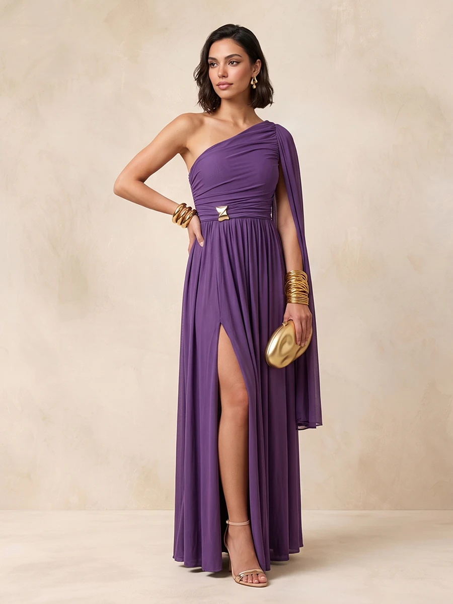 QUIZ Purple Chiffon One Shoulder Cape Ruched Waist Split Maxi Dress, Elegant Long Dress, Wedding Guest Dress Women, Formal Event Dress, Special Occasion Dresses For Women, Summer Dress, Vacation Outfits Women - Purple - View 1
