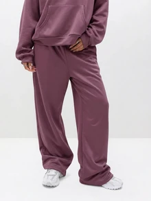 BABYPHAT Celana Jogging Kaki Lebar dengan Detail Logo Tulisan Rhinestone, Pinggang Elastis, Potongan Longgar, Celana Santai Kasual, Wajib Dicoba di Musim Gugur dan Musim Dingin - Burgundy - View 4
