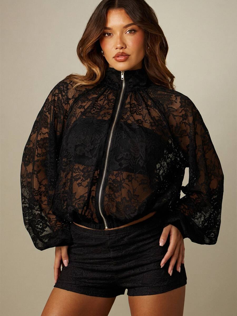 MISSGUIDED Atasan Blouson Berenda Transparan dengan Resleting, Kerah Bergelombang Model Leher Tinggi, Lengan Balon, Motif Bunga, dan Celana Pendek - Sempurna untuk Musim Pesta - Hitam - View 1
