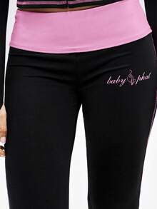 BABYPHAT Flare Pants With Pink Contrast Stitching Low Rise Fold-Over Waistband Logo Embroidery Full Length Bell Silhouette - Black - View 8