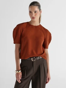 KSTM Rust Puff Short Sleeve Crew Neck Blouse Elegant Raglan Top Structured Shoulder Statement Top For Fall Winter Office - Brown - View 2