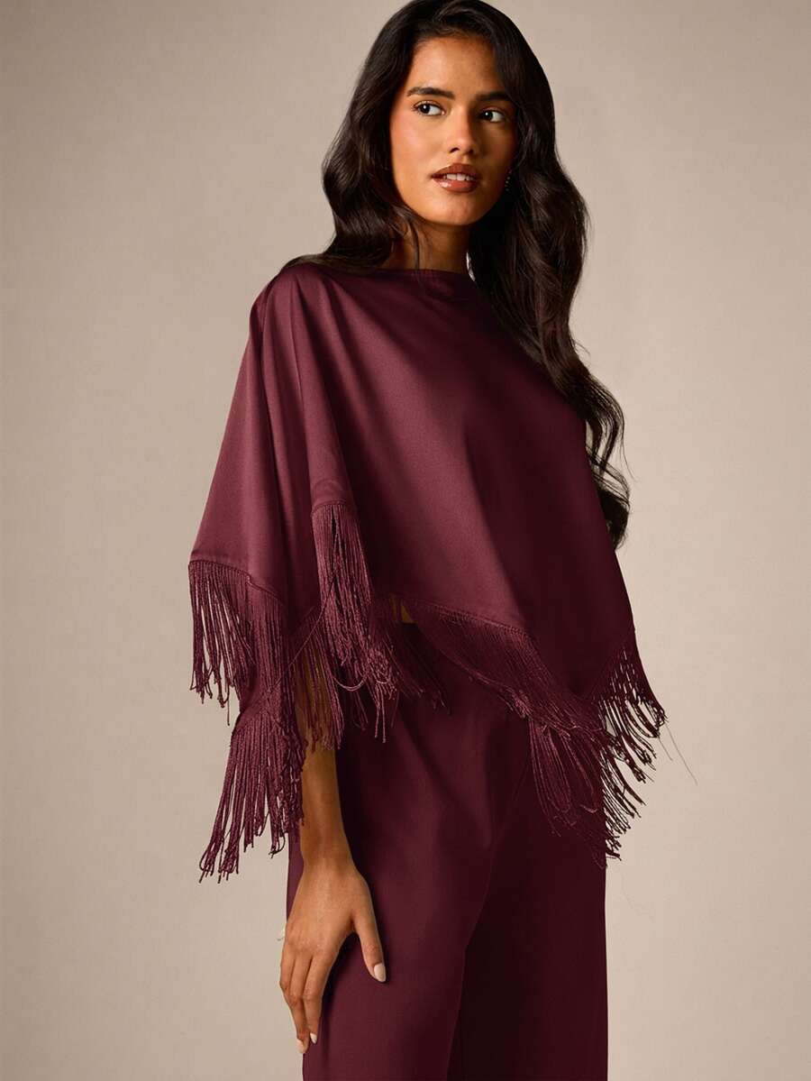 AiiRZ Fringe Trim Cape Top Bateau Neckline Oversized Poncho Style Blouse Elegant Evening Party Holiday Season Statement Piece - Burgundy - View 1