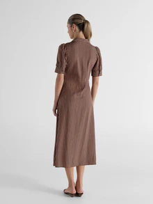 KSTM Striped Shirt Dress With Puff Sleeves Belted Waist Collared Neckline A-Line Midi Length Spring Summer Holiday - Multicolor - View 5