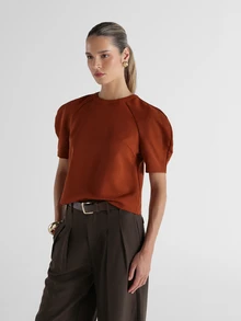 KSTM Rust Puff Short Sleeve Crew Neck Blouse Elegant Raglan Top Structured Shoulder Statement Top For Fall Winter Office - Brown - View 4