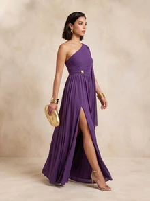 QUIZ Purple Chiffon One Shoulder Cape Ruched Waist Split Maxi Dress, Elegant Long Dress, Wedding Guest Dress Women, Formal Event Dress, Special Occasion Dresses For Women, Summer Dress, Vacation Outfits Women - Purple - View 6