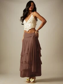 MISSGUIDED Tiered Ruffle Maxi Skirt With Wrap Knot Waist Detail Flowy Layered Midi Length Summer Holiday Festival Beach Skirt - Brown - View 3
