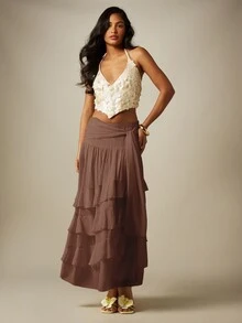 MISSGUIDED Tiered Ruffle Maxi Skirt With Wrap Knot Waist Detail Flowy Layered Midi Length Summer Holiday Festival Beach Skirt - Brown - View 5