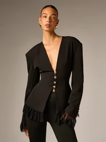 AiiRZ Deep V-Neck Fitted Blazer With Lace Trim Hem And Cuffs Gold Button Closure Structured Shoulders Evening Party Holiday Jacket - Black - View 1