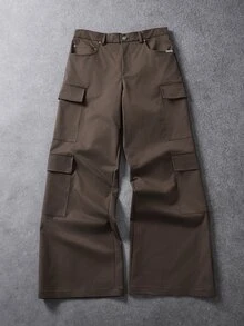 SUMWON Wide Leg Cargo Pants With Multiple Flap Pockets Elastic Waistband Button Fly Twill Fabric Fall Winter Street Style - Brown - View 1