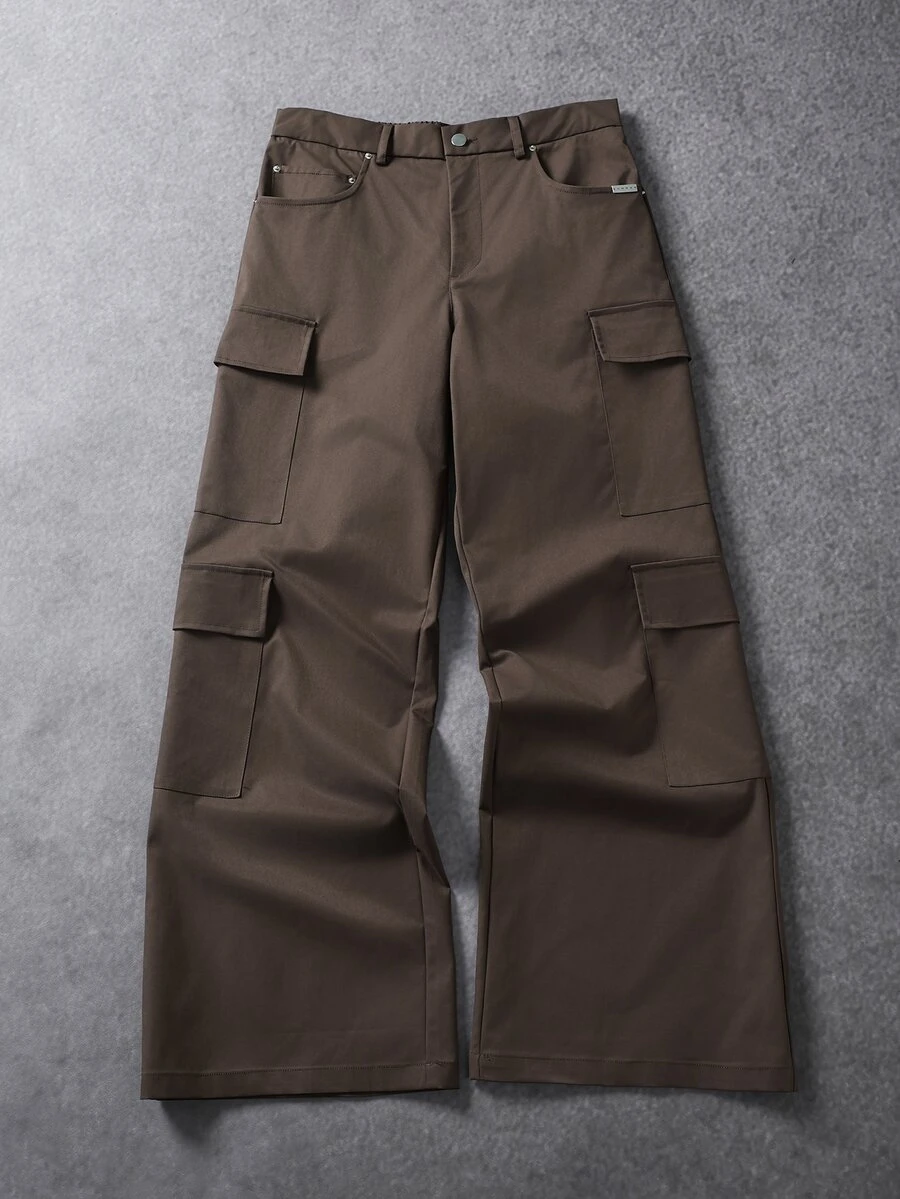 SUMWON Wide Leg Cargo Pants With Multiple Flap Pockets Elastic Waistband Button Fly Twill Fabric Fall Winter Street Style - Brown - View 1