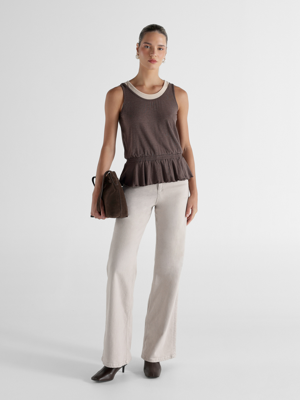 KSTM Peplum Tank Top With Contrast Beige Scoop Neckline Elastic Waist And Ruffle Hem Detail Sleeveless Summer Essential