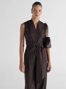 KSTM Pinstripe Sleeveless Vest Top With Tie Waist Detail V-Neck Button Front Longline Silhouette Fall Winter Style - Brown - View 2