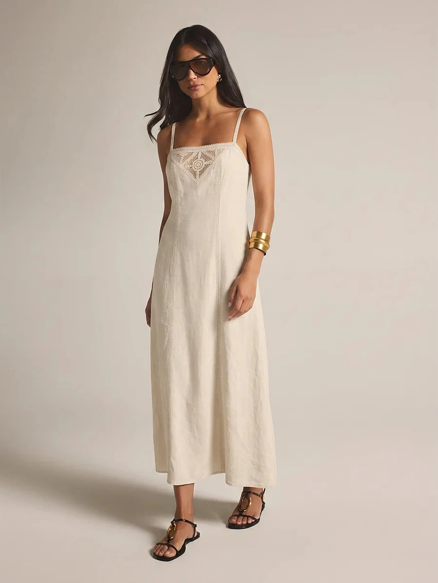 KSTM Linen Midi Slip Dress With Crochet Lace Bodice Detail Square Neck Spaghetti Straps A-Line Silhouette Summer Holiday - Cream - View 1