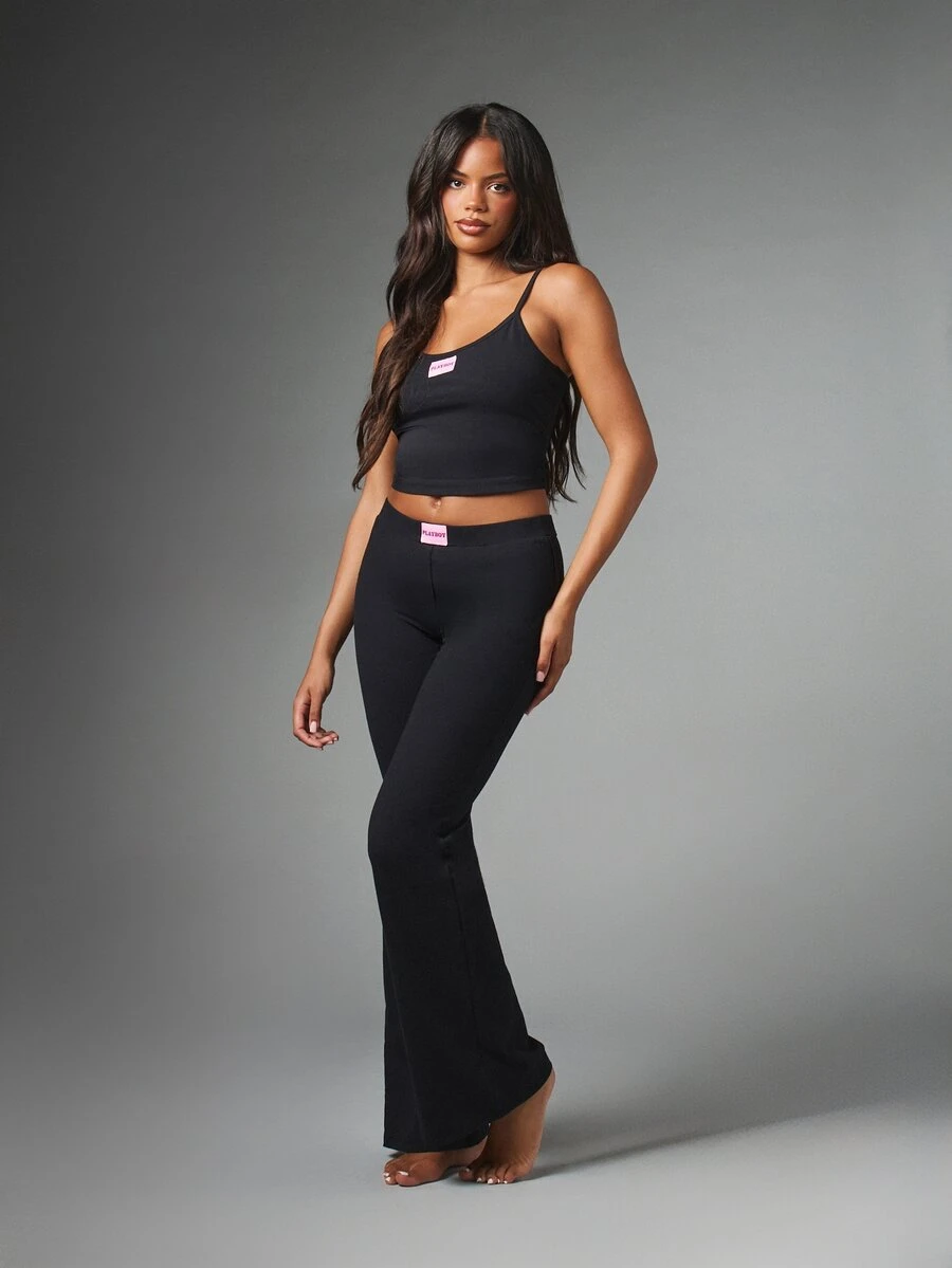 Missguided x Playboy Logo Patch Scoop Neck Sleeveless Crop Cami Top And Flare Leg Low Rise Co-Ord Two Piece Set - Royal Blue - View 1