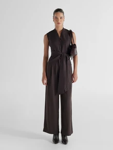 KSTM Pinstripe Sleeveless Vest Top With Tie Waist Detail V-Neck Button Front Longline Silhouette Fall Winter Style - Brown - View 3