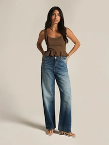 KSTM Peplum Crop Tank Top Scoop Neck Sleeveless Textured Ruffle Hem Fitted Bodice Summer Date Night Night Out Top - Brown - View 5